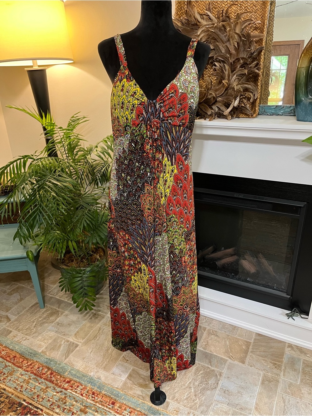 Papillon Boho Print V-Neck Maxi Dress in Multi-Color